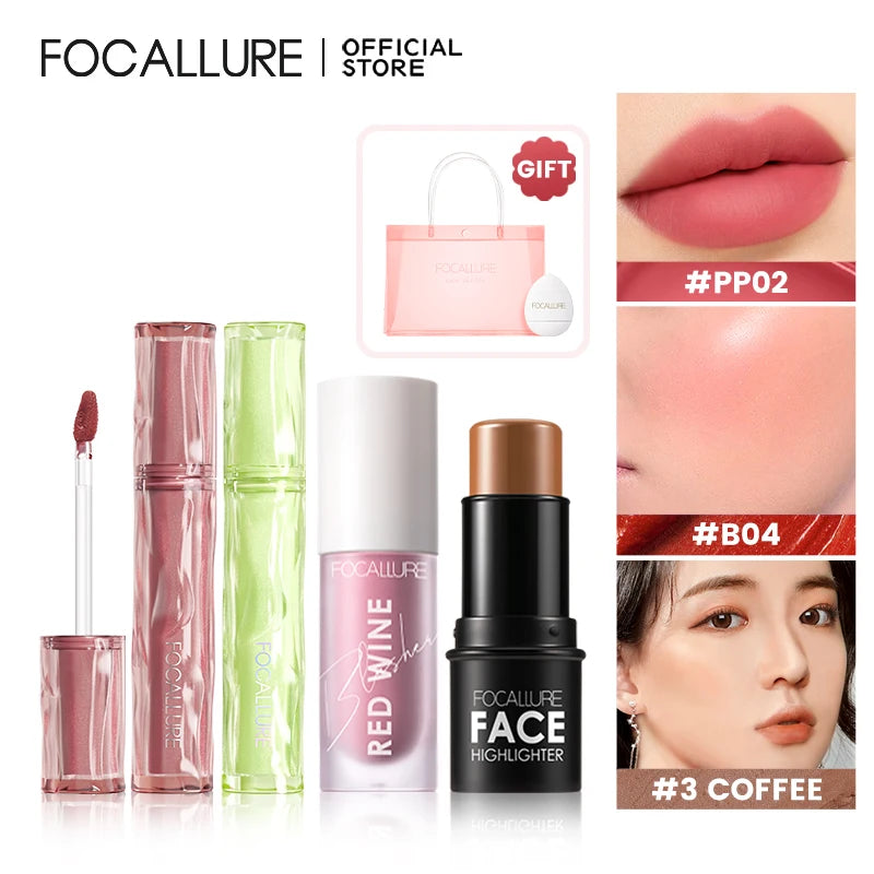 FOCALLURE 6 Pzas Set Lip Gloss Lipstick Blush en Barra / Líquido, Bronzer Highlighter , Puff y Bolsa de PVC de Regalo!