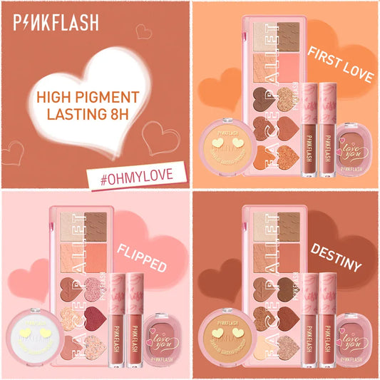 PINKFLASH 5 Pzas Set Paleta de sombras, Labial Mate, Rubor,Polvo Control de grasa, Pressed Powder Look Natural